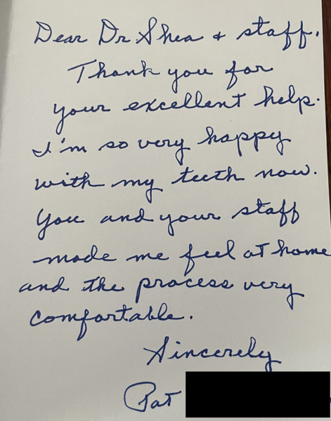 Thank you card from patient to Dr. Shea at St. Louis Prosthodontics in St. Louis, MO