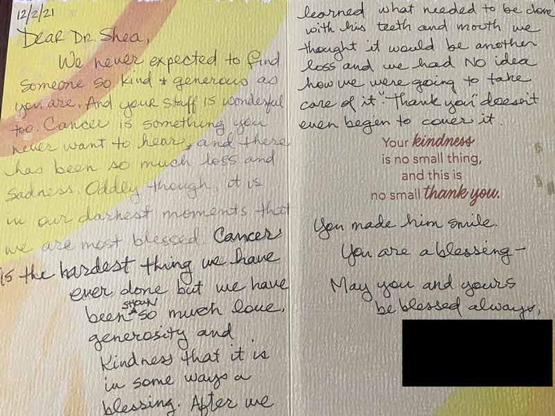Thank you card from patient to Dr. Shea at St. Louis Prosthodontics in St. Louis, MO