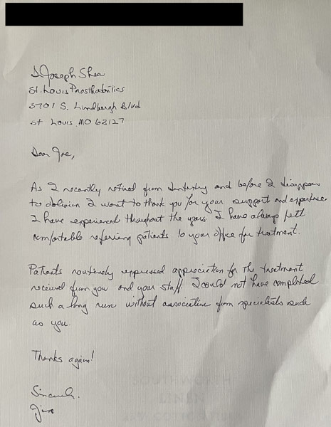 Thank you card from patient to Dr. Shea at St. Louis Prosthodontics in St. Louis, MO