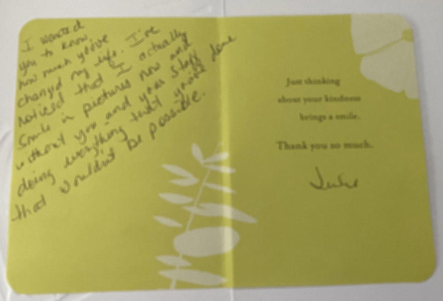 Thank you card from patient to Dr. Shea at St. Louis Prosthodontics in St. Louis, MO