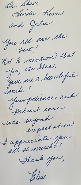 Thank you card from patient to Dr. Shea at St. Louis Prosthodontics in St. Louis, MO