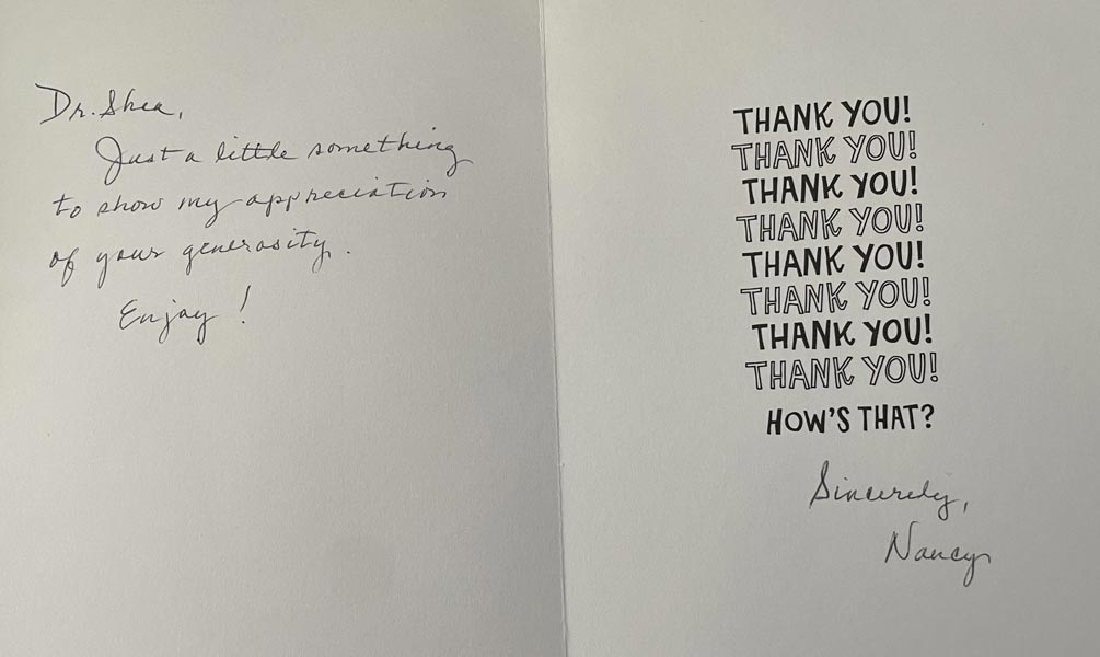 Thank you card from patient to Dr. Shea at St. Louis Prosthodontics in St. Louis, MO