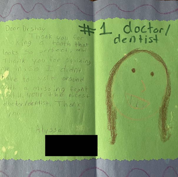 Thank you card from patient to Dr. Shea at St. Louis Prosthodontics in St. Louis, MO