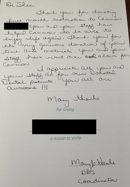 Thank you card from patient to Dr. Shea at St. Louis Prosthodontics in St. Louis, MO