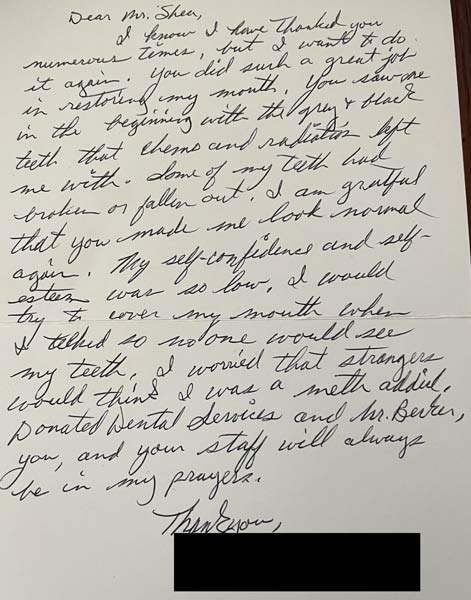 Thank you card from patient to Dr. Shea at St. Louis Prosthodontics in St. Louis, MO