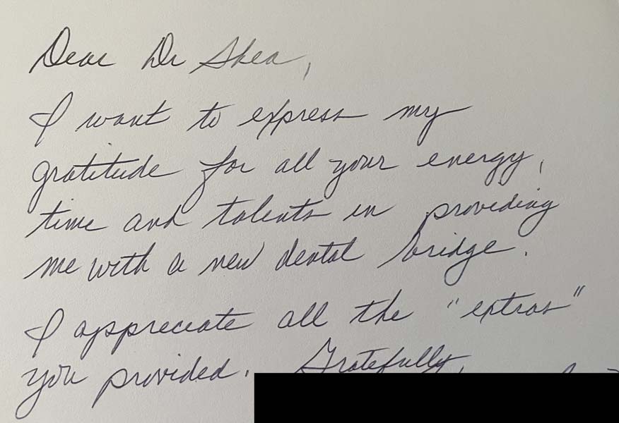 Thank you card from patient to Dr. Shea at St. Louis Prosthodontics in St. Louis, MO