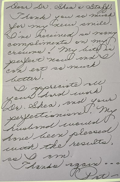 Thank you card from patient to Dr. Shea at St. Louis Prosthodontics in St. Louis, MO