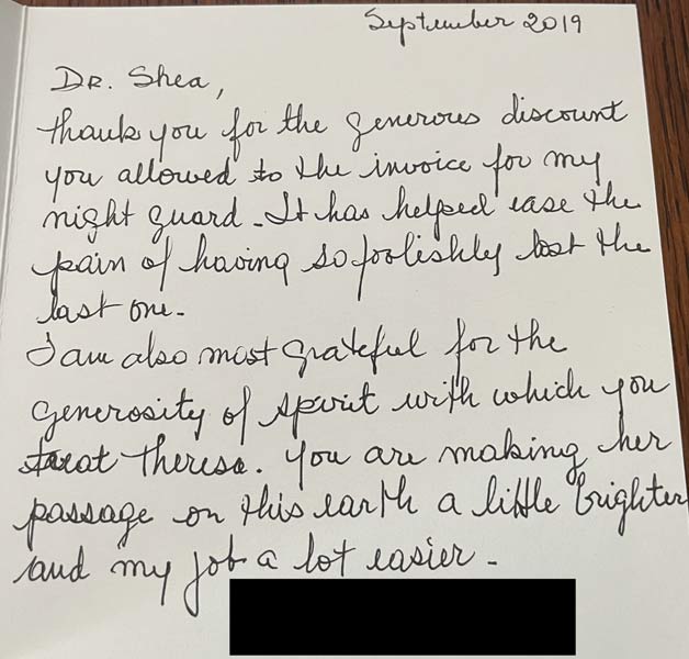Thank you card from patient to Dr. Shea at St. Louis Prosthodontics in St. Louis, MO