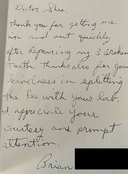 Thank you card from patient to Dr. Shea at St. Louis Prosthodontics in St. Louis, MO