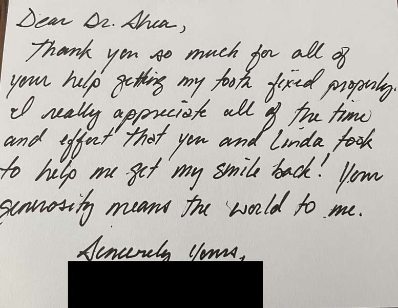 Thank you card from patient to Dr. Shea at St. Louis Prosthodontics in St. Louis, MO
