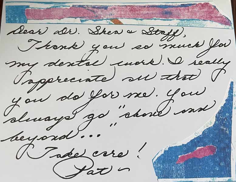 Thank you card from patient to Dr. Shea at St. Louis Prosthodontics in St. Louis, MO