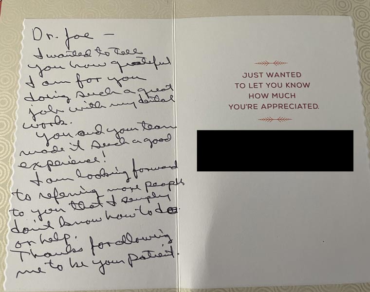 Thank you card from patient to Dr. Shea at St. Louis Prosthodontics in St. Louis, MO