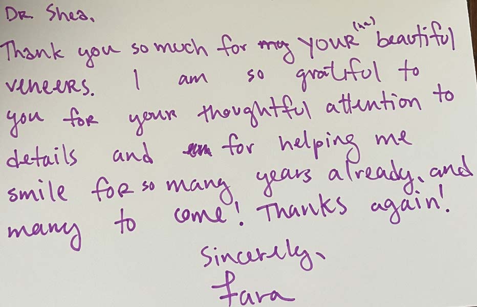 Thank you card from patient to Dr. Shea at St. Louis Prosthodontics in St. Louis, MO