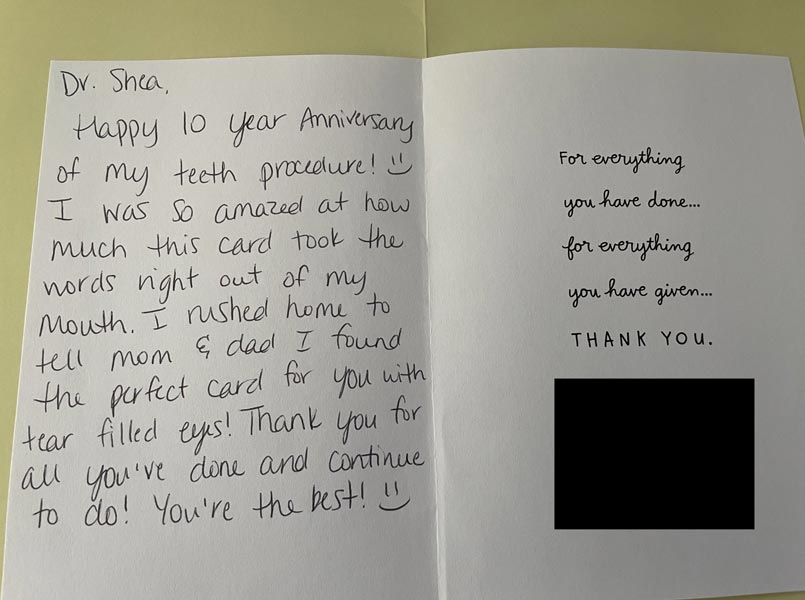 Thank you card from patient to Dr. Shea at St. Louis Prosthodontics in St. Louis, MO