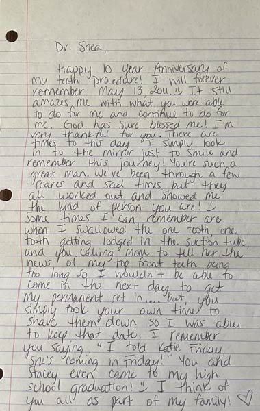 Thank you card from patient to Dr. Shea at St. Louis Prosthodontics in St. Louis, MO