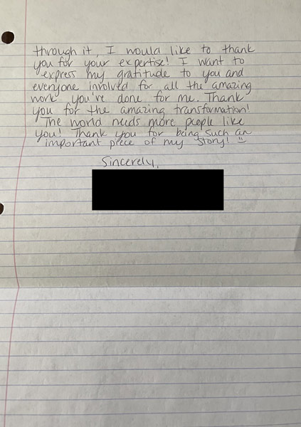 Thank you card from patient to Dr. Shea at St. Louis Prosthodontics in St. Louis, MO