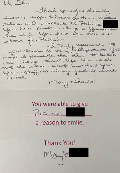 Thank you card from patient to Dr. Shea at St. Louis Prosthodontics in St. Louis, MO