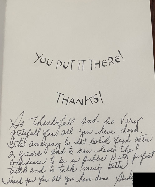 Thank you card from patient to Dr. Shea at St. Louis Prosthodontics in St. Louis, MO